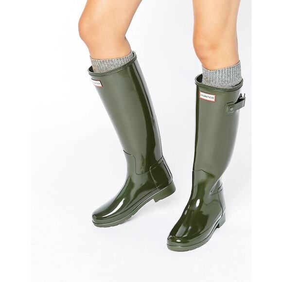 Hunter Women's 11 Olive Original Tall Gloss Rain Boots Pull On Waterproof LM1-55 - Picture 1 of 8
